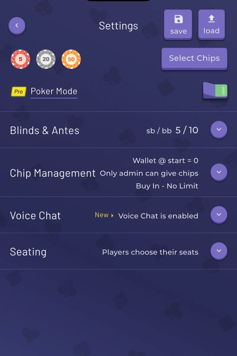 Chips Only Mode game setup screen