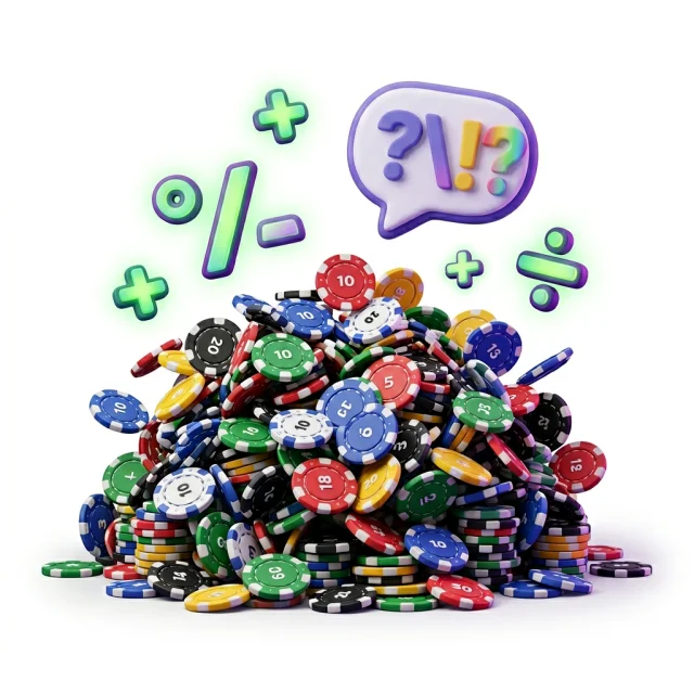 Chaotic pile of poker chips with math symbols showing pot calculation confusion