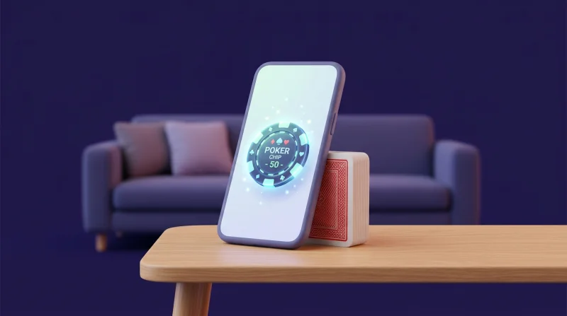 Cozy home poker game with smartphone showing virtual poker chips next to a deck of cards