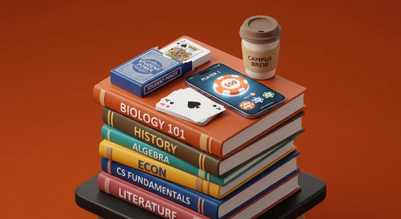 Student poker game with phone and cards stacked on college textbooks