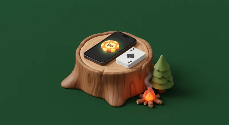 Camping poker game with phone and cards on a tree stump next to a campfire