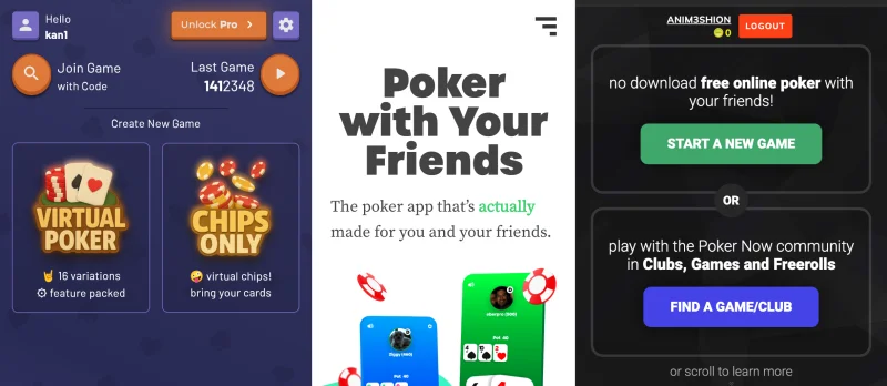 Side-by-side screenshots of Chips of Fury, Poker Now, and unmasked.poker