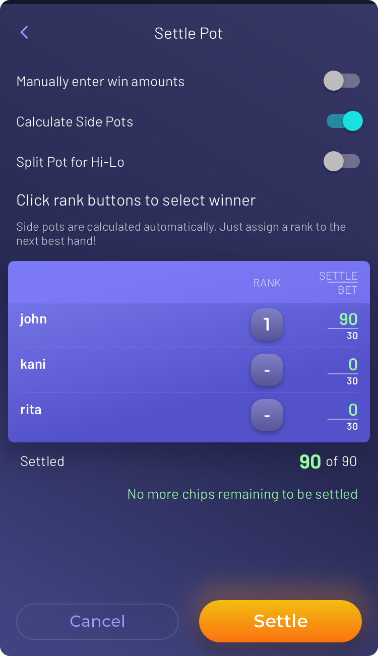 chips only mode manual settlement